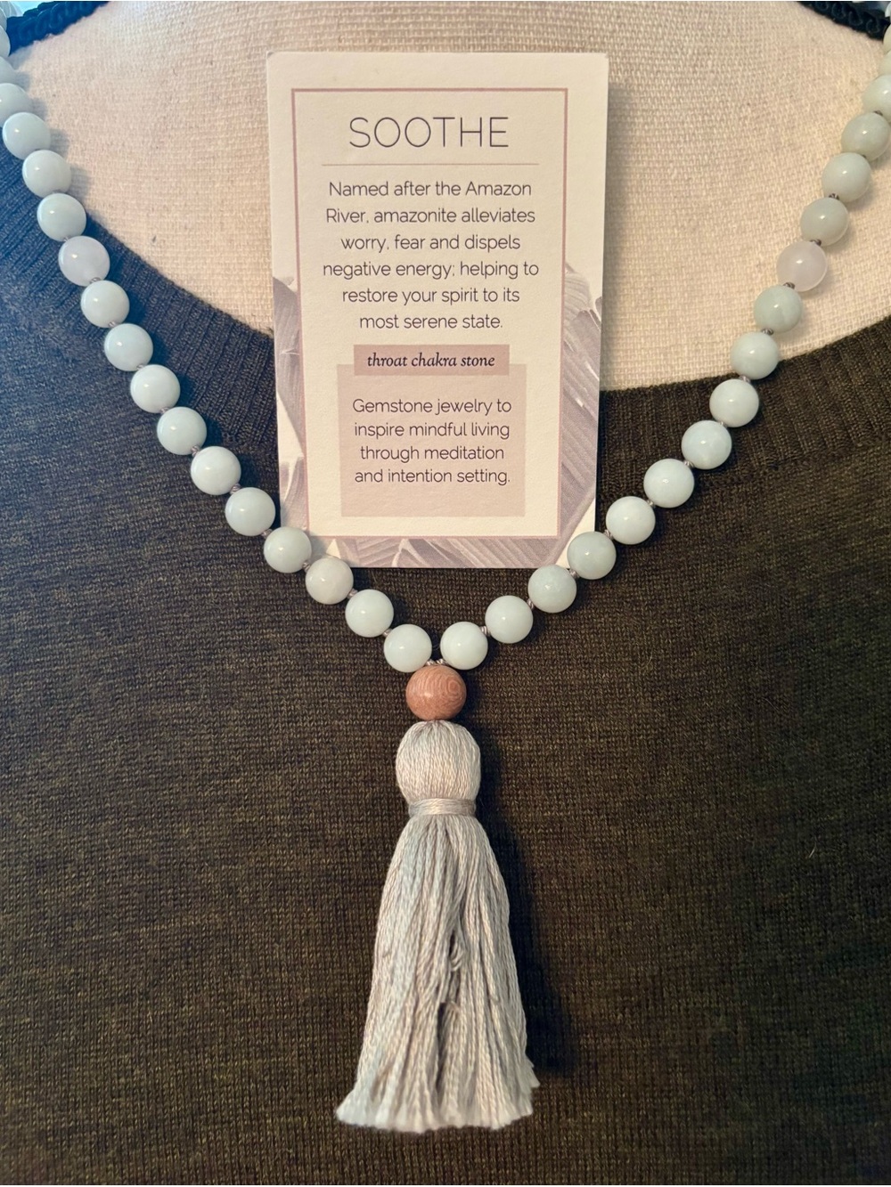 Amazonite Beaded Tassel Mala Necklace - Light Aqua with Cream Tassel